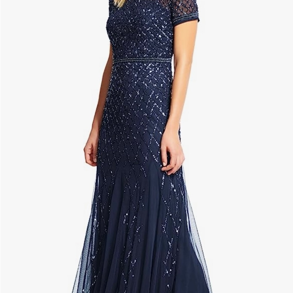 Adrianna Papell Navy Beaded Short-Sleeve Evening Gown - Picture 4 of 7